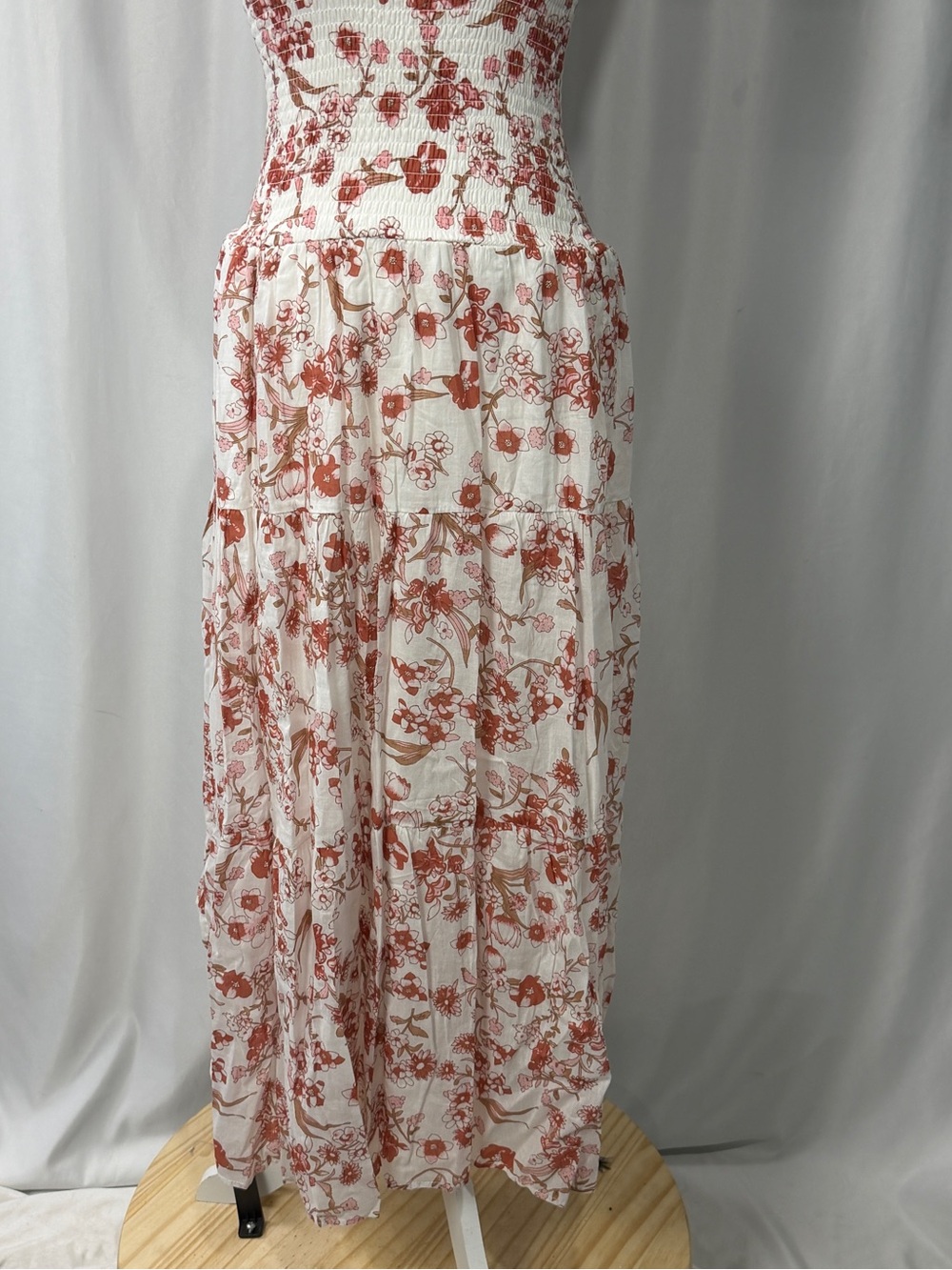 Meadow Rhodes Floral Smocked Strapless Tiered Maxi Dress White Red Orange Sz L - Picture 3 of 10